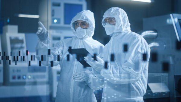 Factory,Cleanroom:,Engineer,And,Scientist,Wearing,Coveralls,,Standing,In,Workshop